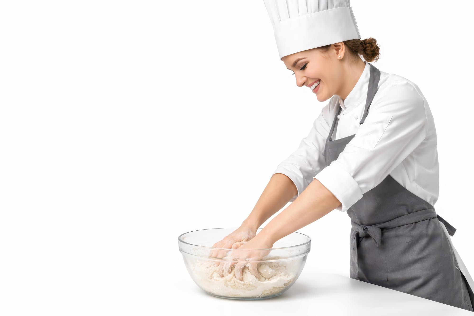 Student kneading dough under chef supervision